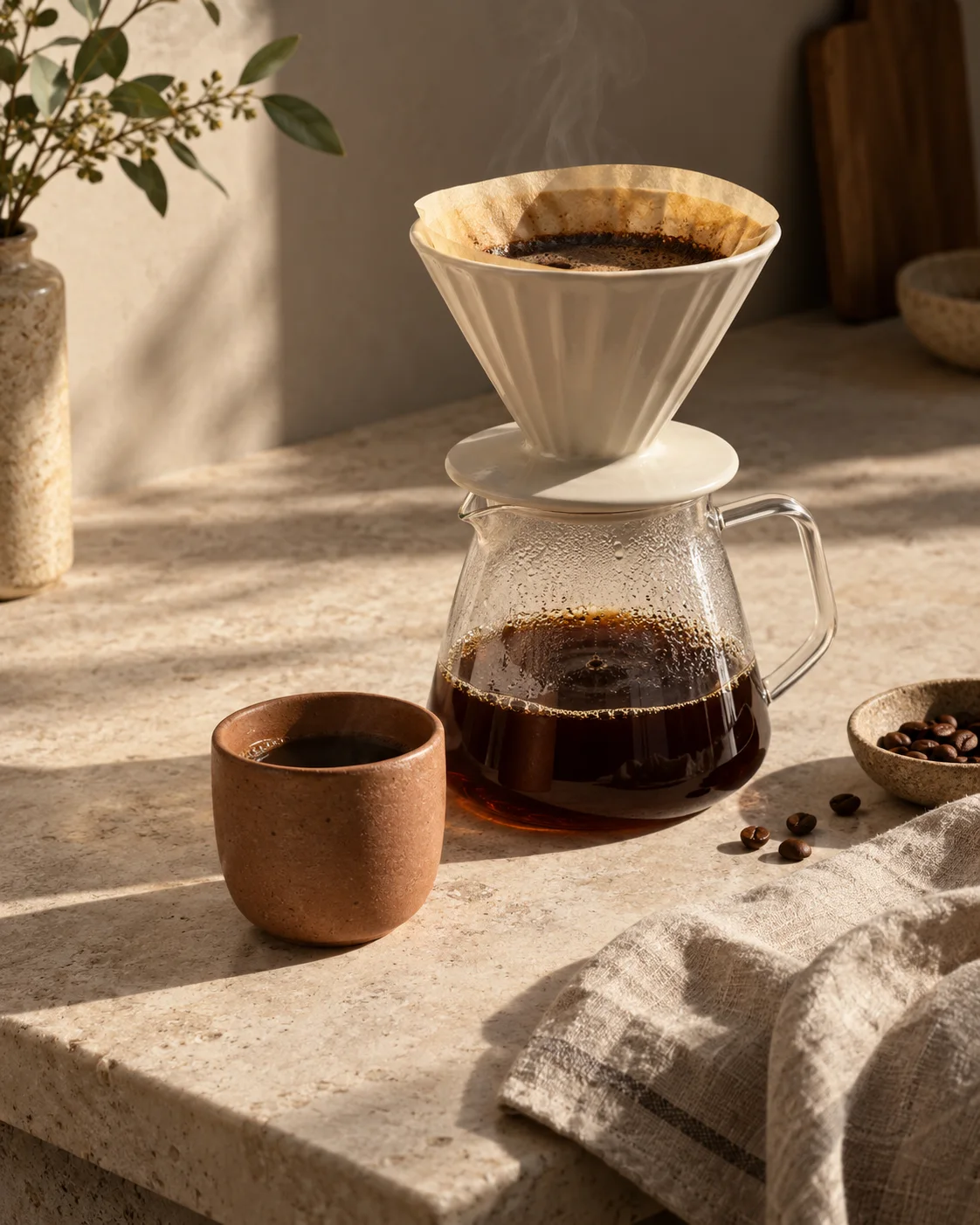 Café coado em cerâmica e uma xícara de terracota, sob a luz suave da manhã